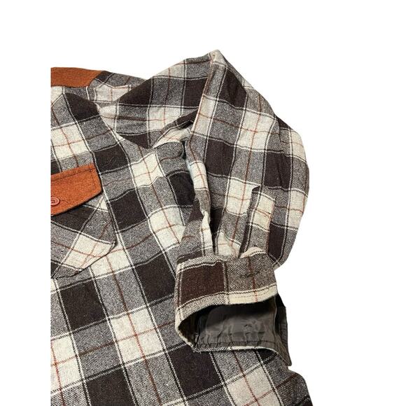 Vtg K-Mart 70s Sport Style Patch Shooting Flannel Shirt L Brown Plaid Wool Holes - Picture 4 of 11